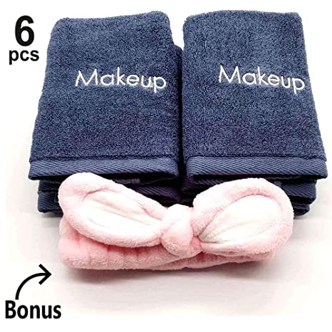 Makeup Remover Towels 6pack - Makeup Remover Cloth 13" X 13" - Reusable Facial Cleansing Towel With Headband - Ultra Soft 100% Cotton Towel