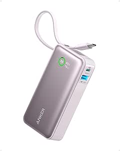 Anker Nano Powerbank,10.000mAh Powerbank mit eingebautem USB-C Kabel, PD 30W Höchstleistung mit 1x USB-C, 1x USB-A, kompatibel mit iPhone 15/14 Serie, MacBook, Galaxy, iPad, AirPods und mehr(Lila)