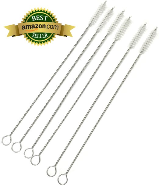 Straw Cleaner Brushes, nylon bristles w/ stainless steel handle - 6 Piece Value Pack - 1/4"(7mm) round head x 7"(175mm) long - Koem