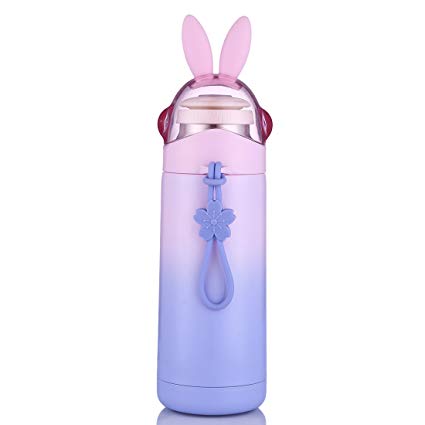 oneisall Girls Travel Mug,Cute Rabbit Coffee Cup,Vacuum Kids Water Bottle,Leak-proof Insulation Tumbler For Kids Adult,12 Ounce (Purple)