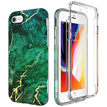 SURITCH Marble iPhone 8 Case/iPhone 7 Case, [Built-in Screen Protector] Full-Body Protection Hard PC Bumper   Glossy Soft TPU Rubber Gel Shockproof Cover for iPhone 7/iPhone 8- Green/Gold