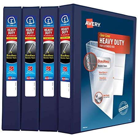 Avery 1" Heavy Duty View 3 Ring Binder, One Touch Slant Ring, Holds 8.5" x 11" Paper, 4 Navy Blue Binders (79869)