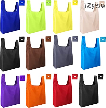 KUUQA 12 Pack Reusable Grocery Bags Reusable Shopping Bags with Pouch Foldable Bags for Groceries, Shopping, Travel (Random Color)