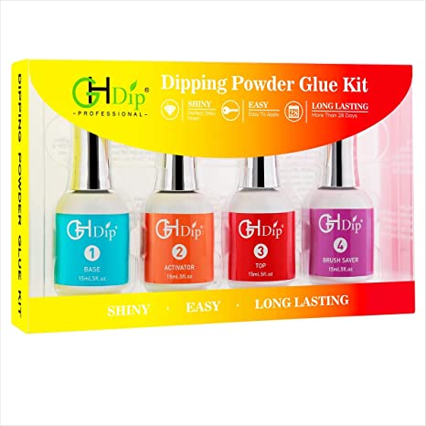Dip Powder Nail Liquid System Glue Kit GL401 (comes with dipping powder Base coat, Top coat, Activator, Brush Saver), No need of UV/LED Light to cure