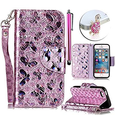 For iPhone 6 Plus/ 6S Plus 5.5 Case,Vandot Laser Butterfly Pattern Magnetic Closure Foldable Strap PU Leather Wallet Case Flip Folio Stand Card Slots Pouch Bookstyle Protective Phone Cover-Pink