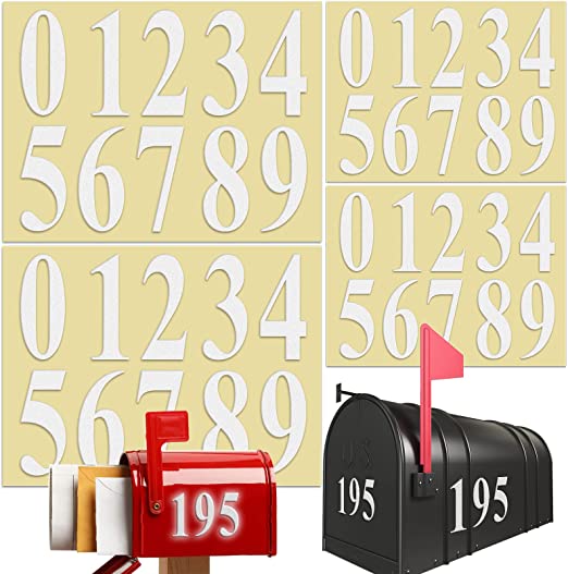Reflective White Mailbox Number Stickers Die Cut Vinyl Numbers Set of 4 (3"x 2sets, 4"x 2sets), Bundle of Multiple Sizes Self-Adhesive House Numbers for Outside