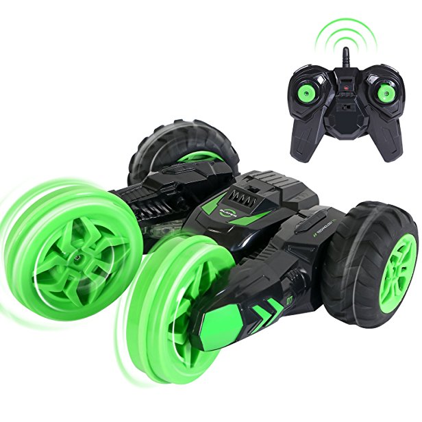 SGILE RC Remote Control Stunt Car Xmas Gift Toy for Kids, Racing Vehicle Rechargeable with bright LED lights Stand Up and Rotate at 360 Degree, Green