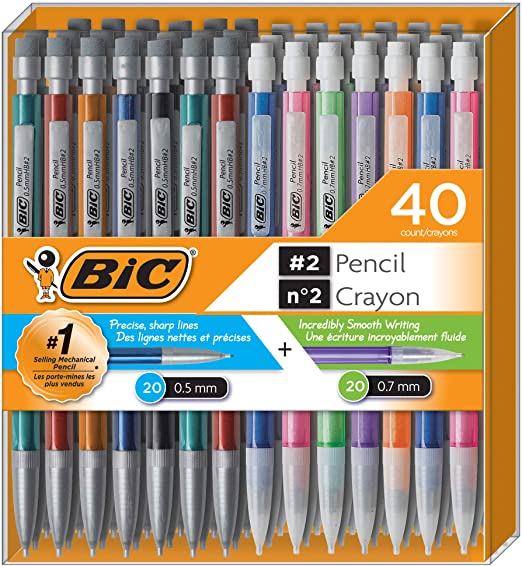 BIC Mechanical Pencil #2 EXTRA SMOOTH, Variety Bulk Pack Of 40 Mechanical Pencils, 20 0.5mm With 20 0.7mm Mechanical Led Pencils, Assorted Colored Barrels, for professional Office & School Use.