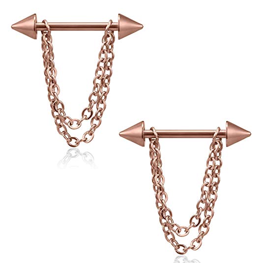 Ruifan Surgical Steel Chain Dangle Nipple Shield Rings Barbell Piercing Jewelry 14G 5/8Inch 2PCS
