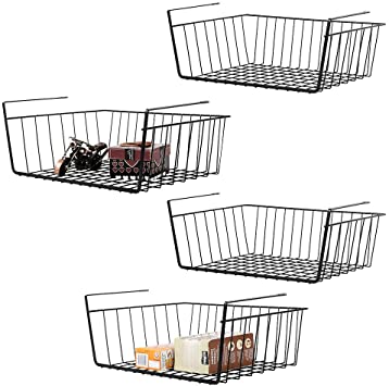 Set of 4 Under Shelf Storage Baskets，Hanging Metal Wire Storage Shelves Desktop Storage Kitchen Pantry Cabinet Cupboard Organizer -Black