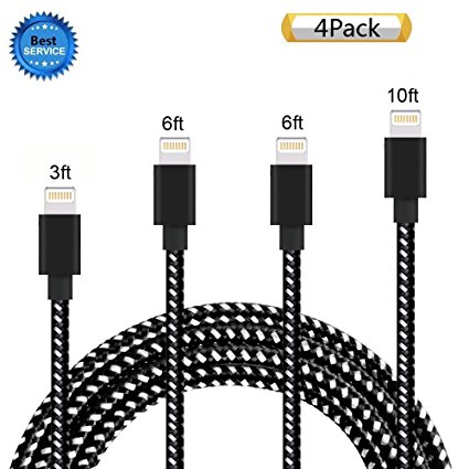iPhone Cable SGIN, 4Pack 3FT 6FT 6FT 10FT Nylon Braided Cord Lightning Cable Certified to USB Charging Charger for iPhone 7,7 Plus,6S,6s Plus,6,6plus,SE,5S,5,iPad,iPod Nano 7 - BlackWhite