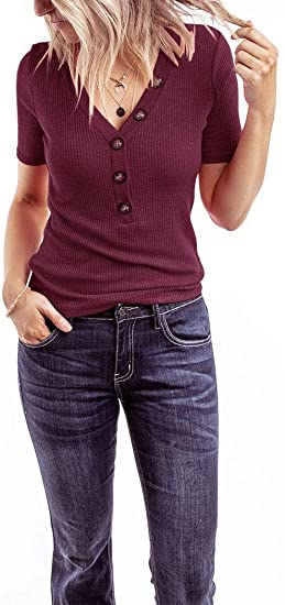 Minthunter Women's Short Sleeve T Shirts V Neck Shirts Ribbed Basic Henley Tops