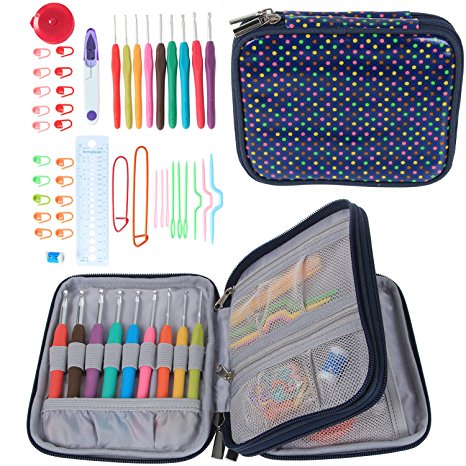 Teamoy Ergonomic Crochet Hooks Set, Knitting Needle Kit, Zipper Organizer Case With 9pcs 2mm to 6mm Soft Grip Crochets and Complete Accessories, Small Volume and Convenient to Carry, Colorful Dots