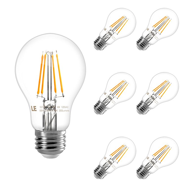 LE 6 Pack Dimmable Edison A19 LED Bulbs, 4W Vintage LED Squirrel Cage Filament Light Bulbs, 40W Equivalent, 350 lm, 2500K Warm White, 300° Beam Angle, E26 Base Bulbs for Home and Commercial Lighting