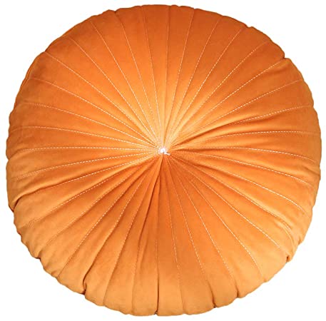 YunNasi Round Velvet Throw Pillow Pleated Pumpkin Pillow Chair Cushion Floor Pillow Decoration for Home Sofa Bed Bay Window Car 15x15x4 Inch (Orange)