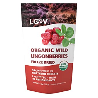 Freeze-dried Organic Wild Lingonberries, 100% dried whole fruit lingonberries, wild-crafted from Northern European forests, 4 oz, 23-day supply, raw, no additives, non-GMO