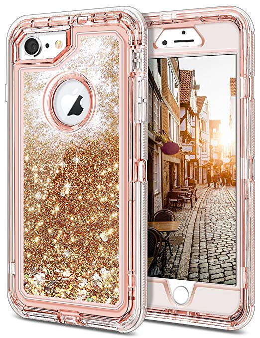 iPhone 6 Case, iPhone 6S Case, JAKPAK Shockproof Glitter Flowing Liquid Bling Sparkle Cover for Girl Woman Heavy Duty Full Body Protective Shell for 4.7" iPhone 6S/6 -Rose Gold