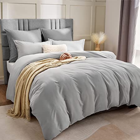 CozyLux Queen Size Duvet Cover Set Light Grey, Ultra Soft Brushed Microfiber 3 Pieces Full 90x90 Inches Bedding Duvet Covers with Zipper Closure and Corner Ties, Light Gray