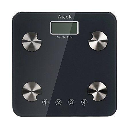 Aicok Body Fat Scale Digital Precision with Tempered Glass Platform, 4 User Recognition, and 330 lb(150KG) Weight Capacity, Measures Weight, Body Fat, Water, Muscle and Bone Mass