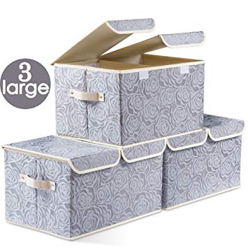 Prandom Large Foldable Storage Bins with Lids [3-Pack] Fabric Decorative Storage Box Cubes Organizer Containers Baskets with Cover Handles Removable Divider for Home Bedroom Closet (17.3x11.8x9.8)