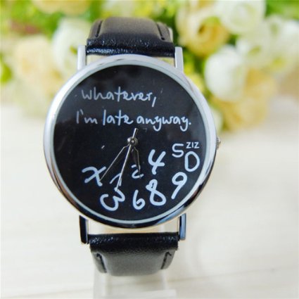 U-beauty Unisex Women Ladies Girl" Whatever, i'm late anyway" Letter Leather Strap Watches Quartz Wrist Watch (Black Face)