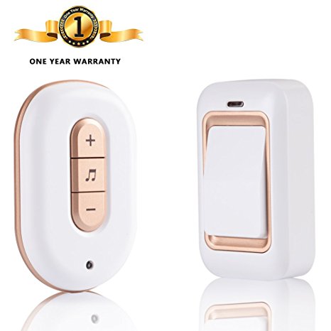 Wireless Doorbell,Self-Powered Door Kit,Plug-In Receiver&Push Button Transmitter with 48 Chimes 6 Volume Levels, LED Indicator,IP68 Waterproof,Operating at 1000 Feet/300M Range, Battery-Free(Gold）