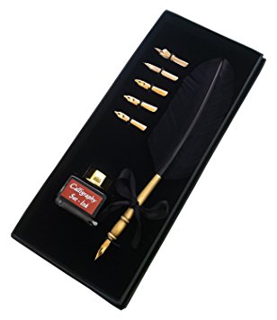 Calligraphy Set - Black (CS-0201) with Real Feather and Stainless Steel Nib