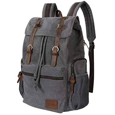 Lifewit 17.3" Laptop Canvas Backpack Vintage Leather Casual School College Bags Hiking Travel Rucksack Business Daypack for Women Men (Grey)