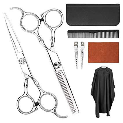 8 Pcs Hair Scissors, Professional Hair Cutting Scissors with Flat Shears, Teeth Shear, Hair Clip, Comb, Salon Cape, Thinning Shears for Women/Men Shear at Home Salon