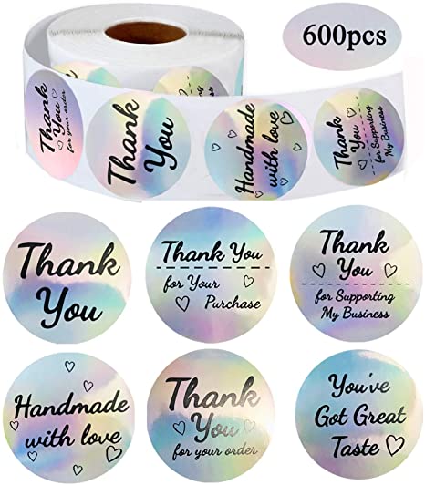 1.5 Inch 600pcs Thank You Stickers Thank You Labels Holographic Stickers Rainbow Holo Stickers for Sealing, Greeting Cards, Boutiques Gift Wraps, 6 Designs