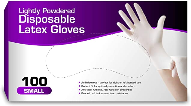 Disposable Latex Gloves, Lightly Powdered, Comfortable Fit 100 per Box (Small)