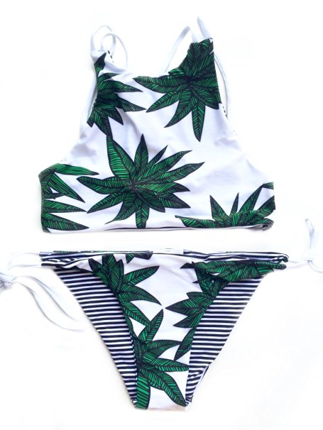 Women's High Neck Halter Leaves Printed Bikini Swimwear Bathing Suit Set
