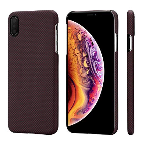 PITAKA Slim Case Compatible with iPhone Xs Max 6.5", MagCase Aramid Fiber [Real Body Armor Material] Phone Case,Minimalist Strongest Durable Snugly Fit Snap-on Case - Black/Red(Plain)