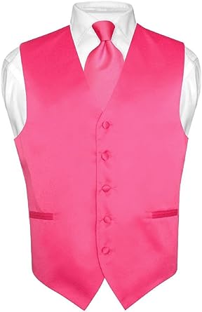 Men's Dress Vest & NeckTie Solid PINK Color Neck Tie Set for Suit or Tuxedo