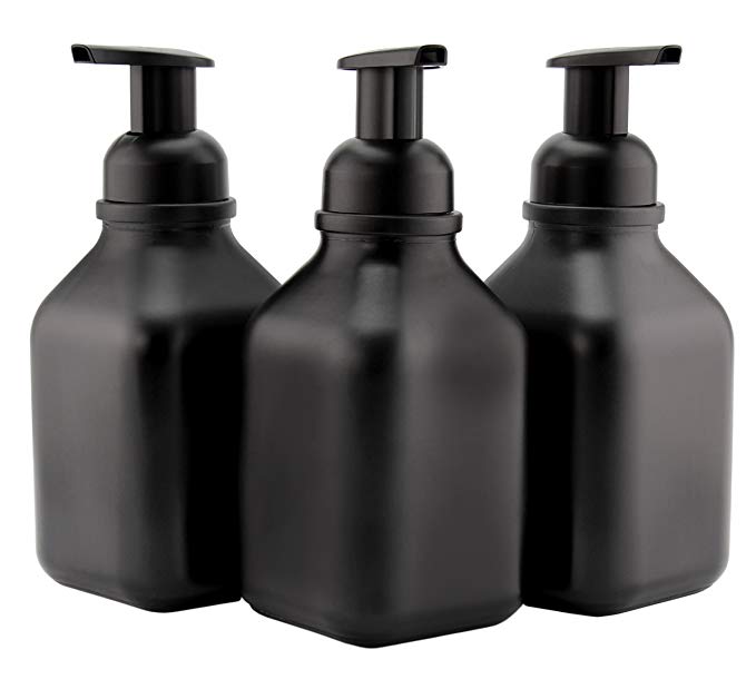 Cornucopia Brands Glass Foaming Soap Dispensers (3-Pack, Square Black-Coated Bottle w/Black Pump), 16-Ounce Capacity