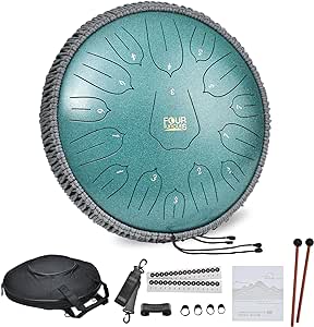 FOUR UNCLES Steel Tongue Drum 15 Notes 14 Inch, Percussion Instrument Handpan Drum C Key with Bag, Music Book and Mallets for Meditation Entertainment Musical Education Concert Yoga (Malachite)