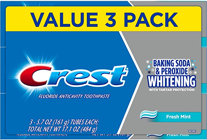 Crest Cavity and Tartar Protection Toothpaste, Whitening Baking Soda & Peroxide, (3 Count of 5.7 oz Tubes Each) 17.1 oz