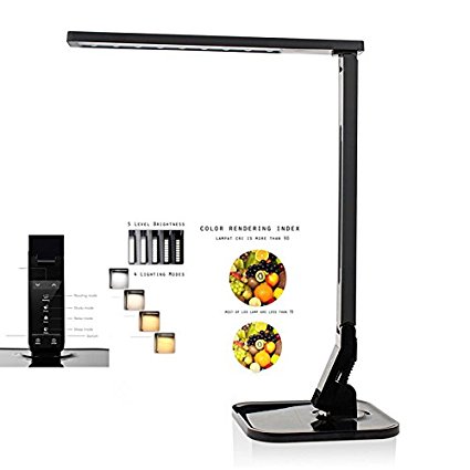3-D Adjustable LED Desk Lamp, Bessmate 5-Level Dimmable Lamp, 4 Lighting Modes (Reading/ Studying/ Relaxation/ Sleeping), Touch-Sensitive Control Panel, 60 Minutes Auto Timer, 5V/2A USB Charging Port