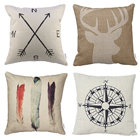 4 Packs Hippih Cotton Linen Sofa Home Decor Design Throw Pillow Case Cushion Covers 18 X 18 Inch ,1x Deer Antlers   1x Feathers   1x Compass   1x Navigation Compass