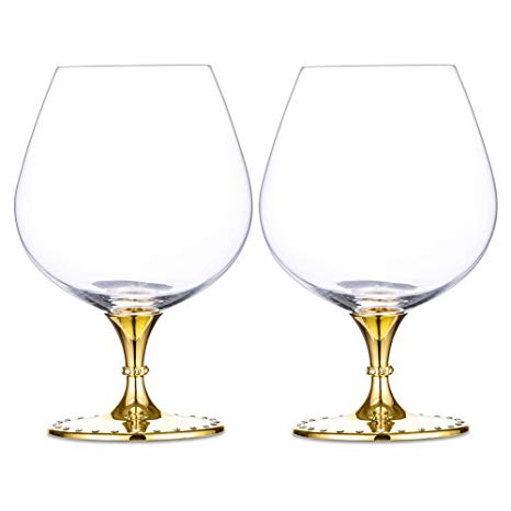 Nuptio Exquisite Brandy & Cognac Crystal Glasses Snifter Set of 2 - Large Handcrafted - Lead-Free Crystal Glass - Great for Spirits Drinks, Bourbon, Wine, 21.2oz, Gold
