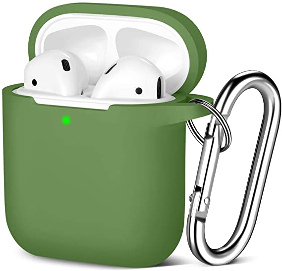 Maledan Compatible with Airpods Case 2 & 1, Silicone Shockproof Protective Airpod Skin Cover, Waterproof [Front LED Visible] Support Wireless Charging with Carabiner, Green