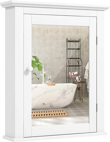 COSTWAY Bathroom Medicine Cabinet with Mirror, Wall-Mounted Storage Cabinet Organizer with 5-Position Adjustable Shelf, Hanging Bathroom Wall Cabinet for Living Room Bedroom Entryway (White)