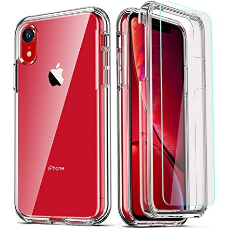 COOLQO Compatible for iPhone XR Case, Clear 360 Full Body Coverage Hard PC Soft Silicone TPU 3in1 Shockproof Phone Cover [Certified Military Protective] with [2 x Tempered Glass Screen Protector]