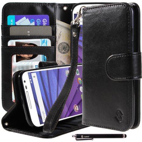 Motorola Moto G (3rd Gen) Case, Moto G3 Case, Style4U Premium PU Leather Stand Wallet Case with ID Credit Card / Cash Slots for Motorola Moto G (3rd Generation) / Moto G3   1 Stylus [Black]