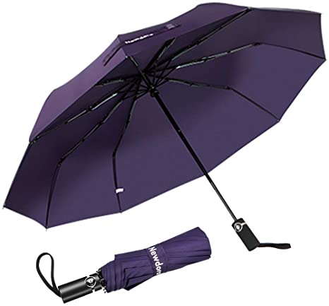 Newdora Travel Folding Umbrella, 10 Ribs Golf Umbrella Ergonomic Handle Auto Open & Close, Lightweight Sturdy Automatic Umbrella Compact Portable Umbrella with Water Absorption Bag(Purple)