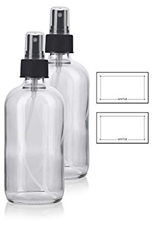 8 oz Clear Boston Round Thick Plated Glass Bottle with Black Mist Spray (2 Pack)  Labels - Perfect for Home, Cleaning, Cooking, Essential Oils, DIY, Gifts