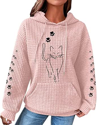 2024 Waffle Knit Hoodies for Women Cute Cat Graphic Long Sleeve Drawstring Sweatshirts Trendy Oversized Pullover Tops