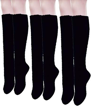 Fitu Women's Long Soft Knee High Warm Fuzzy Socks 3-pack Coral Velvet Cozy Fleece Slipper Socks