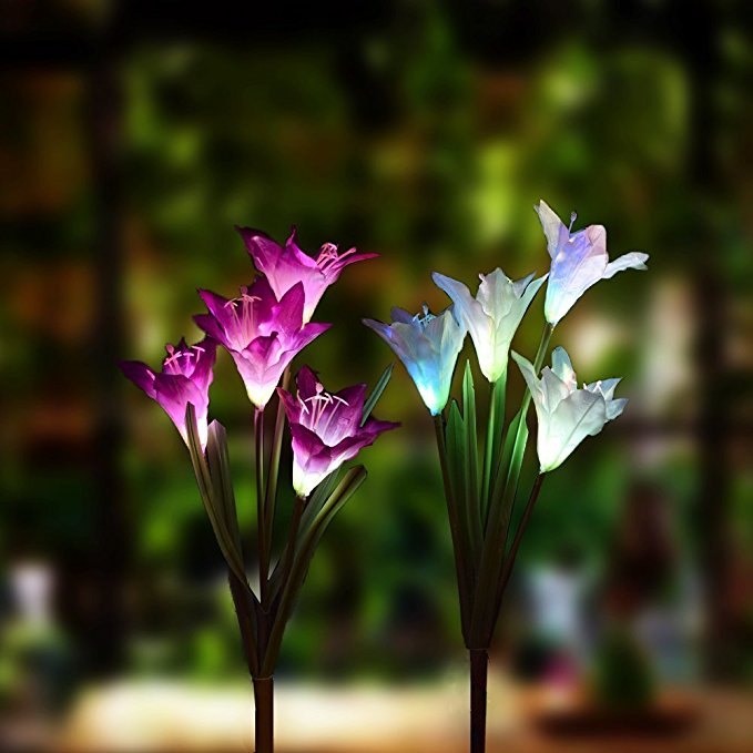 Outdoor Solar Garden stake Lights - 2 Pack Solarmart Solar Powered Lights with 4 Lily Flower, Multi-color Changing LED Solar Stake Lights for Garden, Patio, Backyard (Purple and White)
