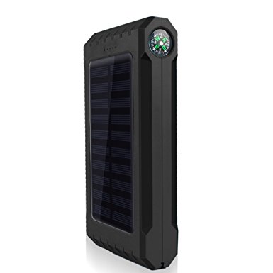 Eachbid Solar Charger, Solar Power Bank 12000mAh External Backup Battery Pack Dual USB Solar Panel Charger with 6LED Light Thermometer Compass Portable for Emergency Outdoor Camping Travel Black